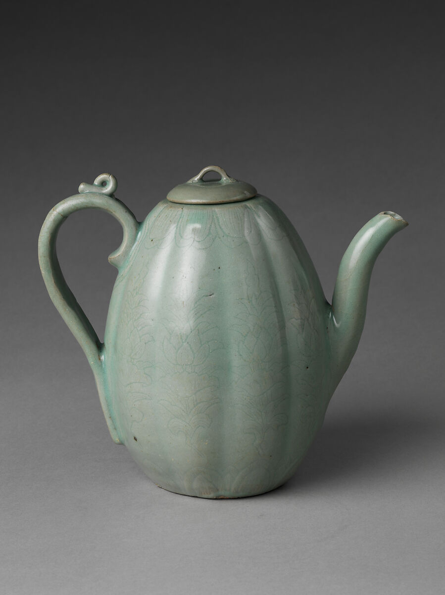Wine Ewer with Lotuses, Stoneware with incised decoration under celadon glaze, Korea