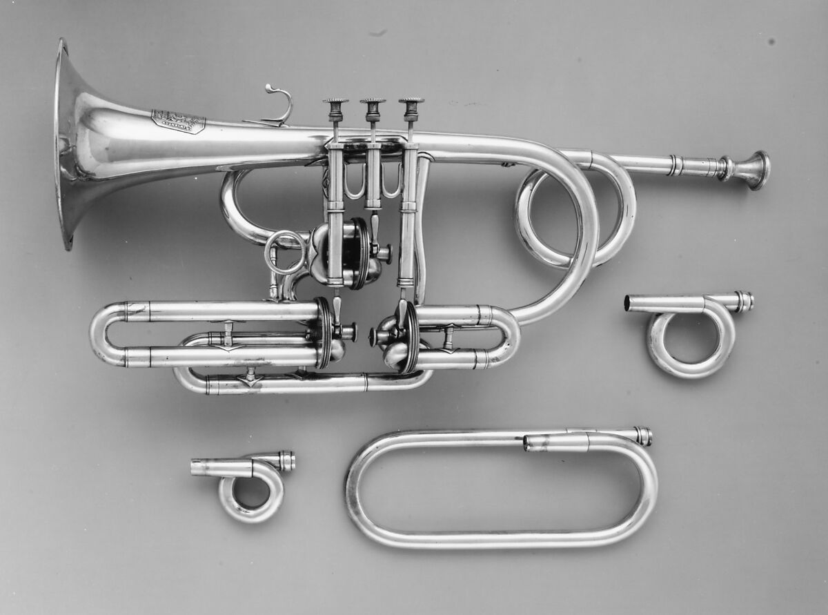 Cornet in B-flat, John Augustus Köhler (British, London ca. 1810–1878 London), Brass, silver-plated, British
