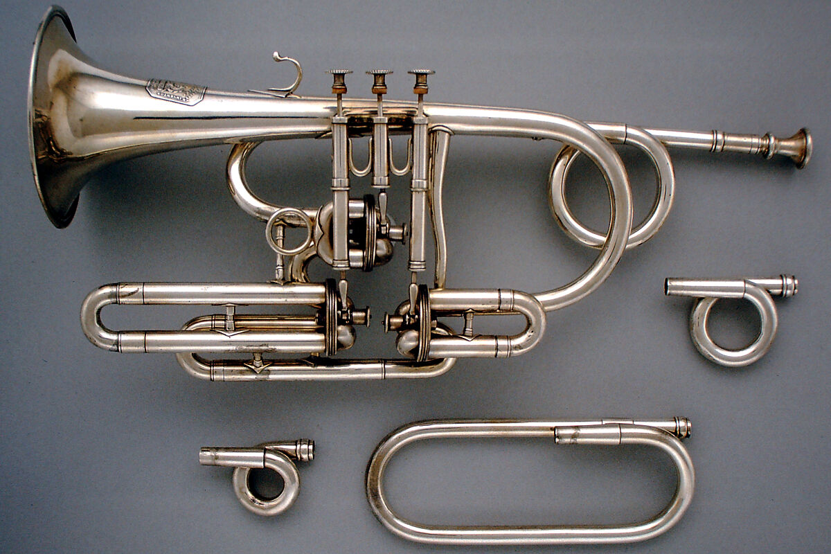 Cornet in B-flat, John Augustus Köhler (British, London ca. 1810–1878 London), Brass, silver-plated, British 