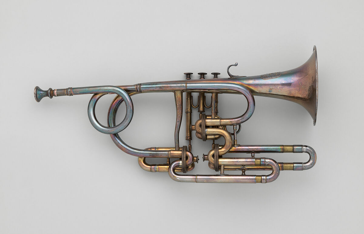 Cornet in B-flat, John Augustus Köhler (British, London ca. 1810–1878 London), Brass, silver-plated, British