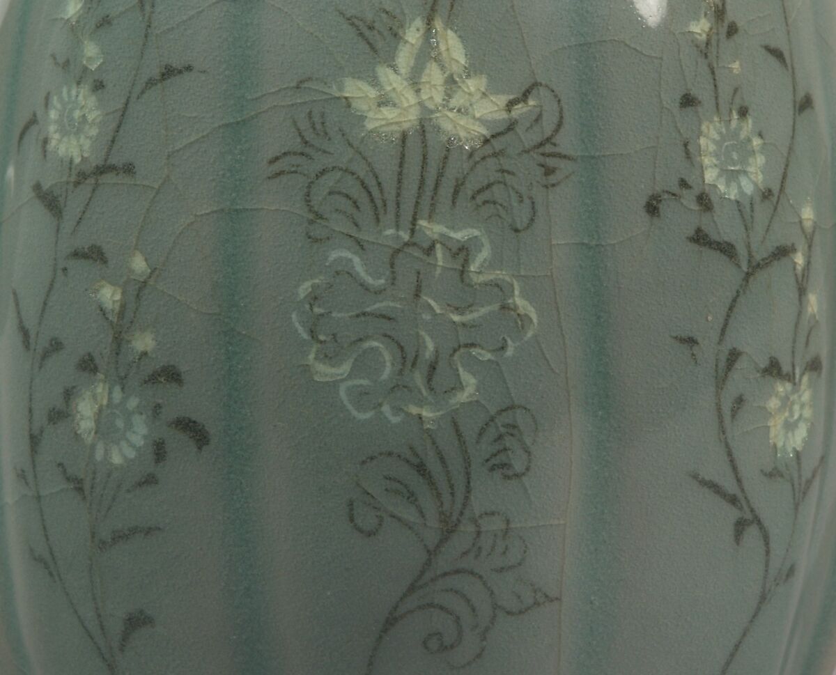 Wine Ewer with Chrysanthemums and Lotus Flowers, Stoneware with inlaid decoration under celadon glaze, Korea