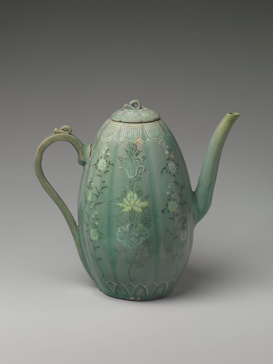 Wine Ewer with Chrysanthemums and Lotus Flowers, Stoneware with inlaid decoration under celadon glaze, Korea