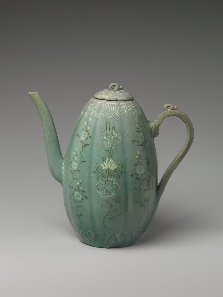 Wine Ewer with Chrysanthemums and Lotus Flowers, Stoneware with inlaid decoration under celadon glaze, Korea 