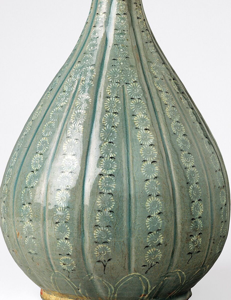 Bottle decorated with chrysanthemums and lotus petals, Stoneware with stamped and inlaid design under celadon glaze, Korea