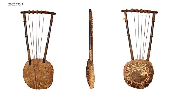 Lyre, Wood, hide, gut, tortoise shell, lizard skin, probably Uganda