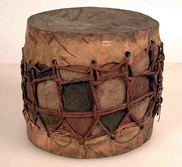 Double-Headed Drum, Wood, hide, cane, polychrome, Nigerian or Cameroonian