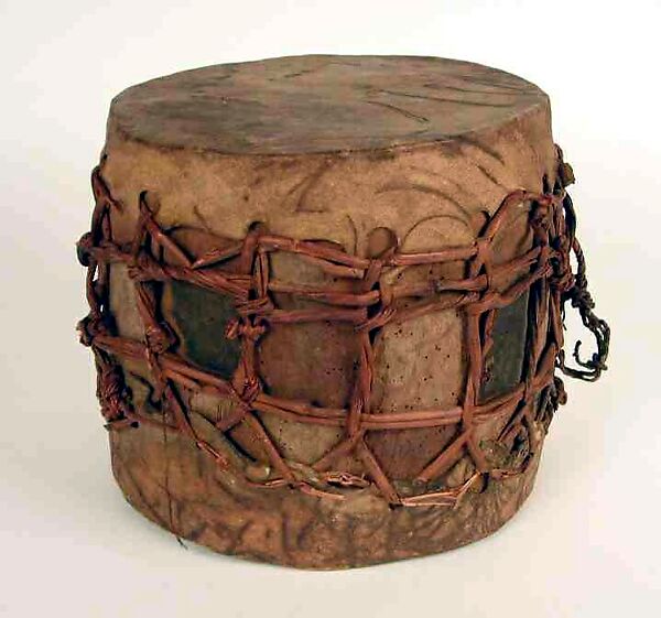 Double-Headed Drum, Wood, hide, cane, polychrome, Nigerian or Cameroonian