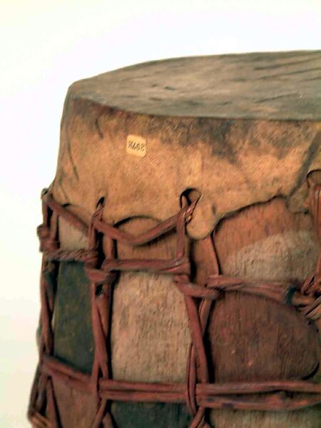 Double-Headed Drum, Wood, hide, cane, polychrome, Nigerian or Cameroonian
