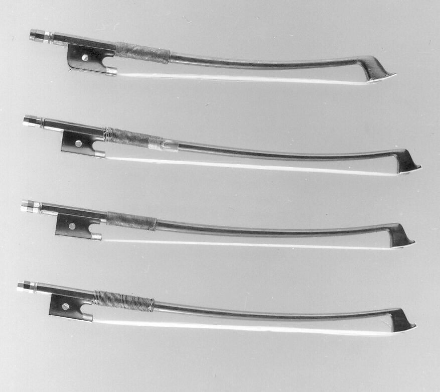 Miniature String Quartet Bows, Attributed to Heinrich Knopf (German, Markneukirchen 1839– 1875 Markneukirchen), Wood, hair, European 