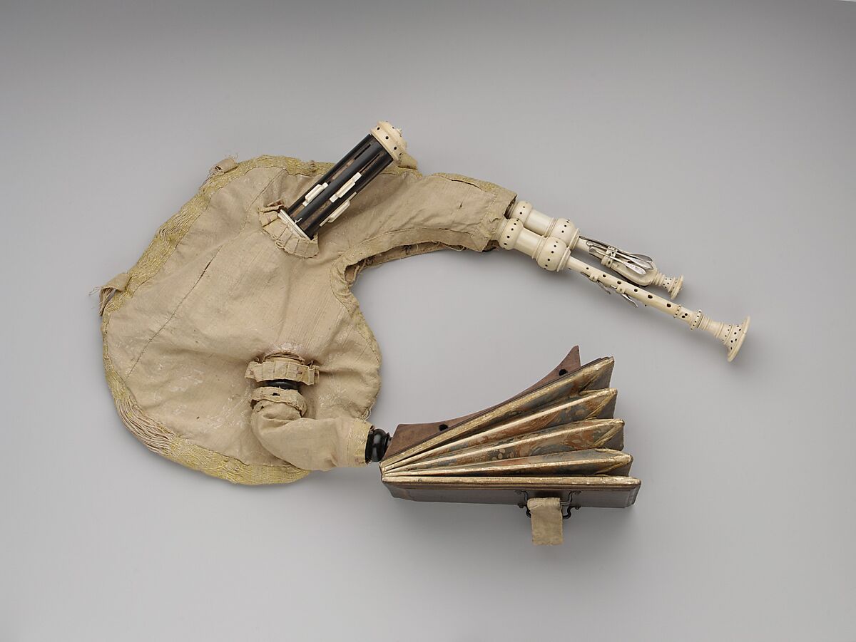 Musette Baroque, Unknown  , France, Leather, ivory, silk, wood, silver, iron, French