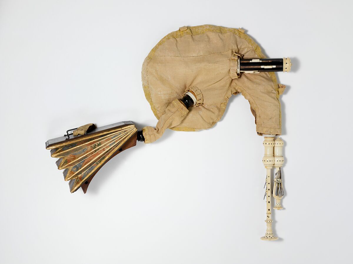 Musette Baroque, Unknown  , France, Leather, ivory, silk, wood, silver, iron, French