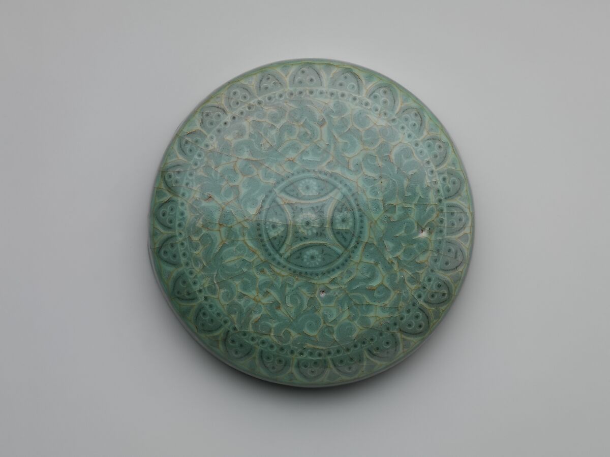 Covered Box, Stoneware with inlaid and reverse-inlaid decoration of chrysanthemums and floral scrolls under celadon glaze, Korea