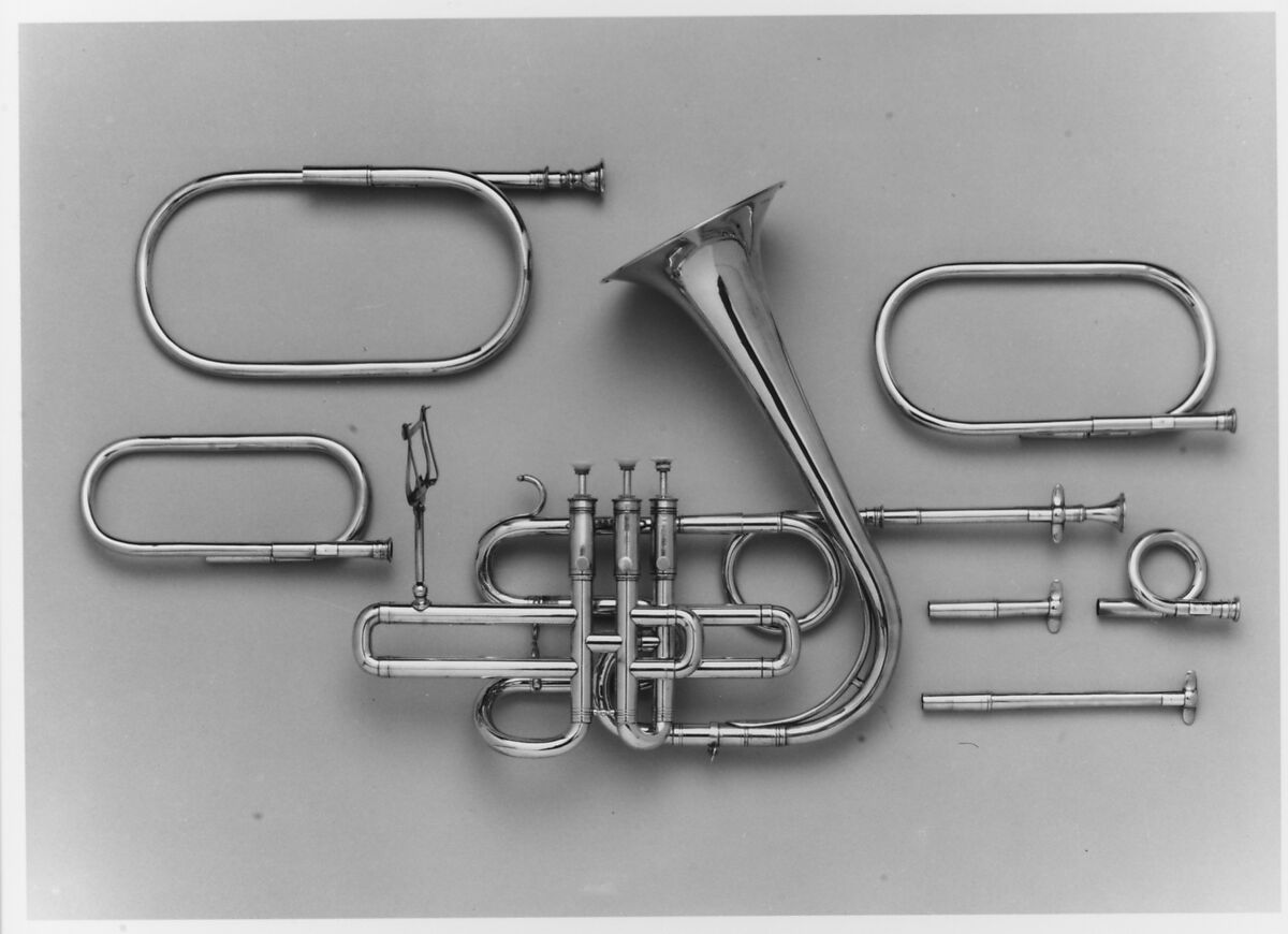 Cornet a Pistons in B-flat, Auguste Raoux (French, Paris 1795–1871), Brass, nickel-silver, mother-of-pearl, French