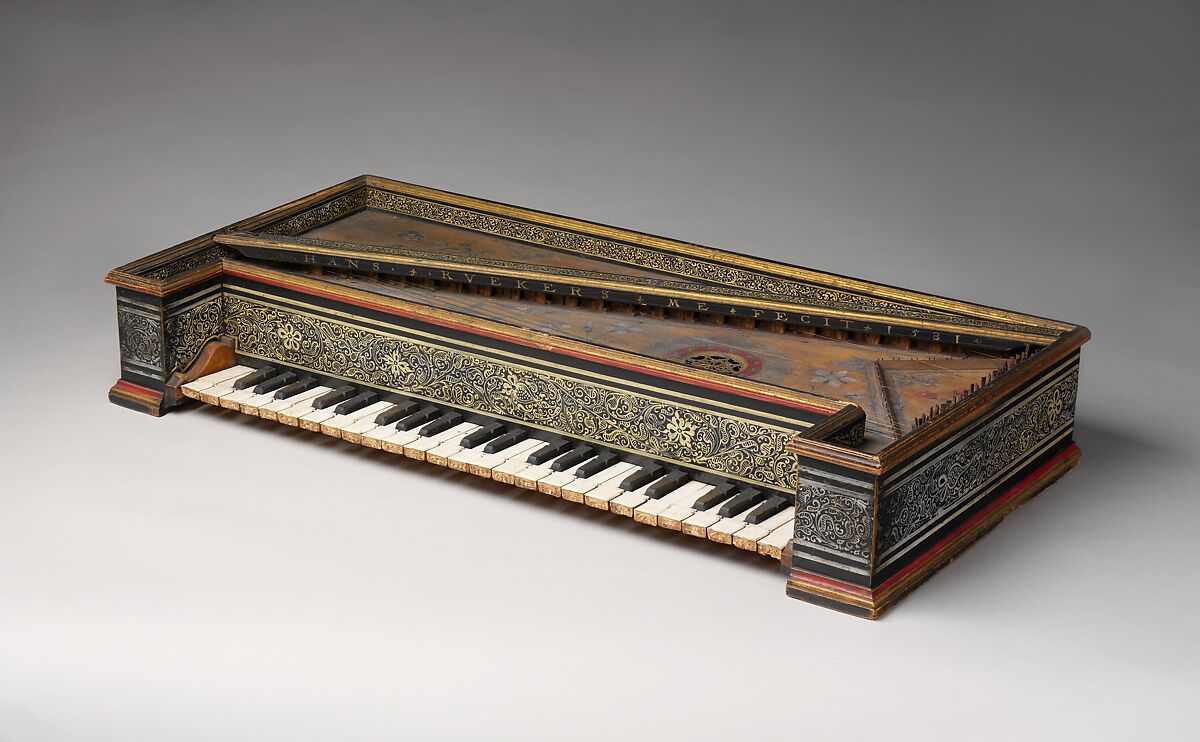 Double Virginal, Hans Ruckers the Elder (Flemish, Mechelen ca. 1545–1598 Antwerp), Pine, beech, poplar, mahogany, paint, gesso, metal, parchment, brass, Flemish