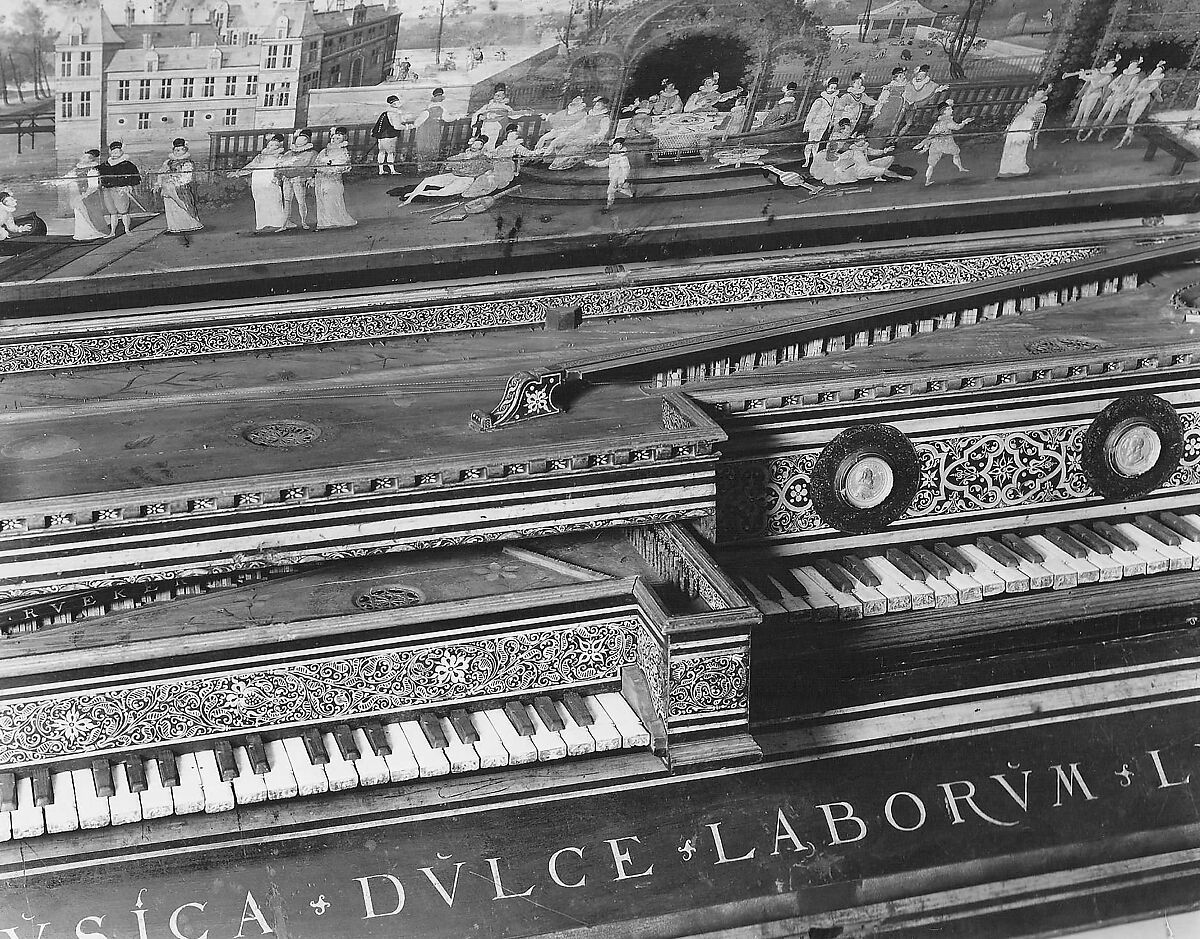 Double Virginal, Hans Ruckers the Elder (Flemish, Mechelen ca. 1545–1598 Antwerp), Pine, beech, poplar, mahogany, paint, gesso, metal, parchment, brass, Flemish