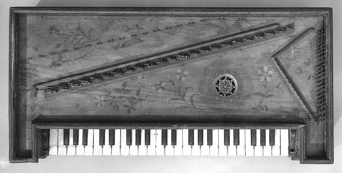 Double Virginal, Hans Ruckers the Elder (Flemish, Mechelen ca. 1545–1598 Antwerp), Pine, beech, poplar, mahogany, paint, gesso, metal, parchment, brass, Flemish