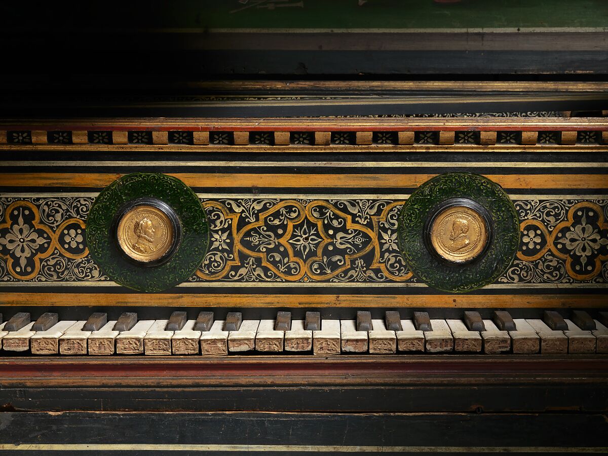 Double Virginal, Hans Ruckers the Elder (Flemish, Mechelen ca. 1545–1598 Antwerp), Pine, beech, poplar, mahogany, paint, gesso, metal, parchment, brass, Flemish