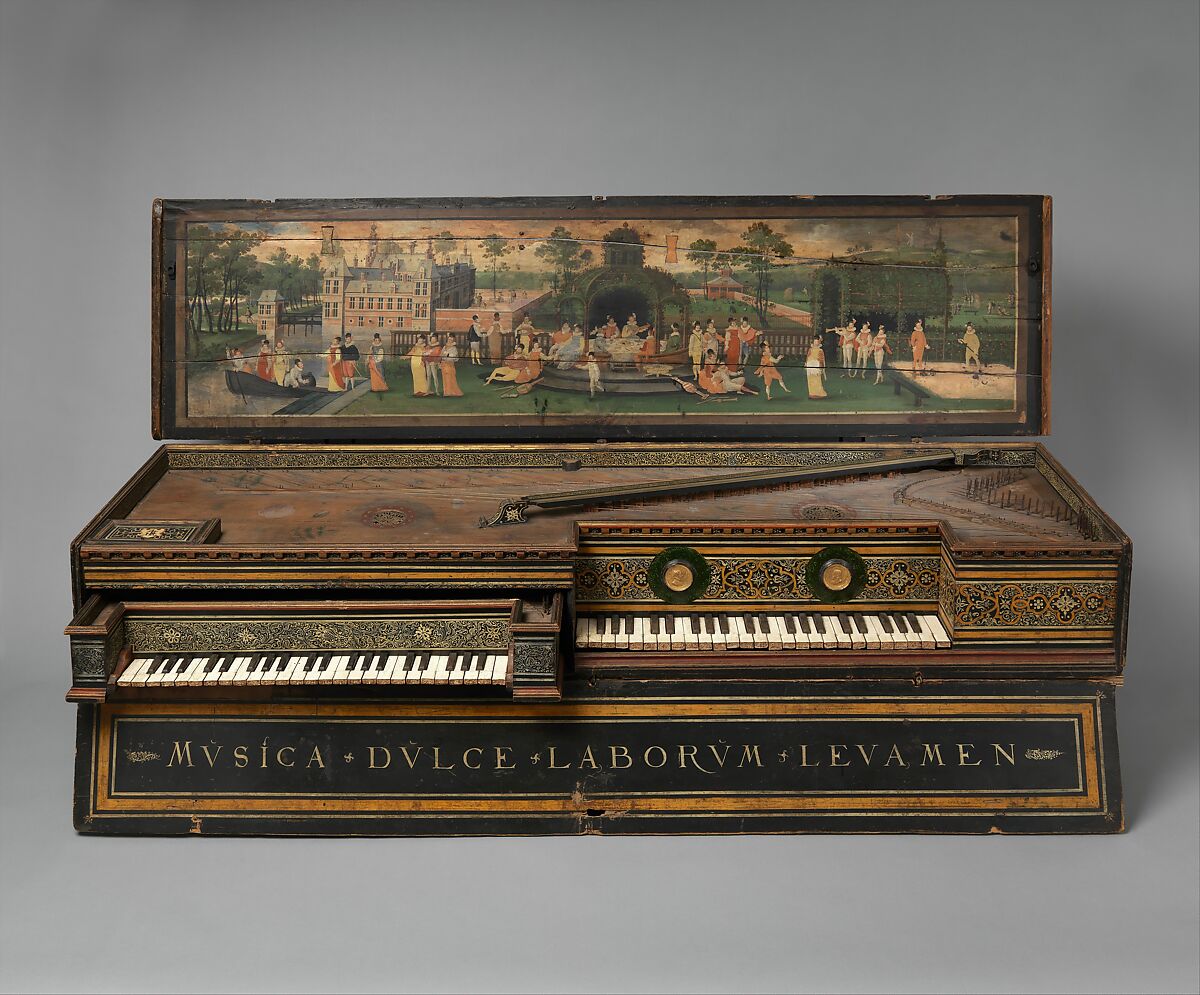 Double Virginal, Hans Ruckers the Elder (Flemish, Mechelen ca. 1545–1598 Antwerp), Pine, beech, poplar, mahogany, paint, gesso, metal, parchment, brass, Flemish