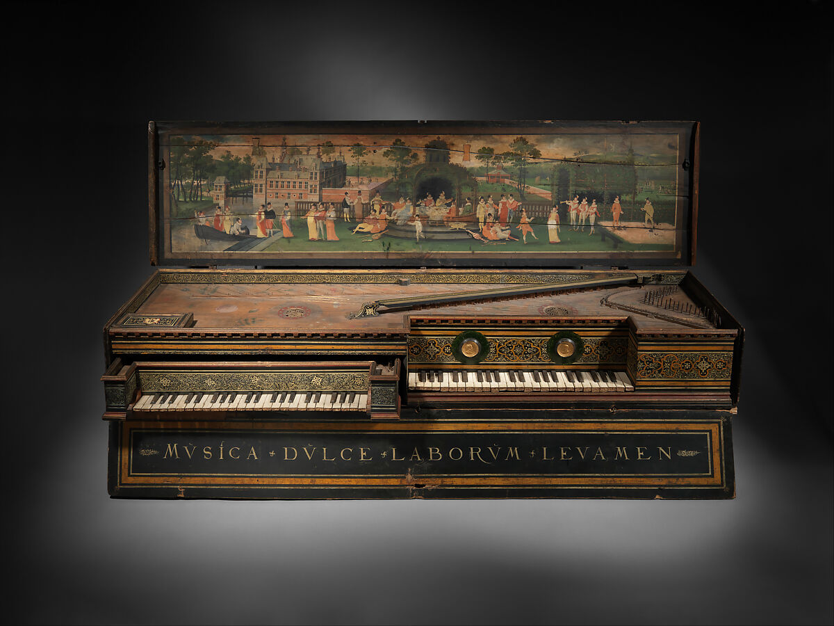 Double Virginal, Hans Ruckers the Elder  Flemish, Pine, beech, poplar, mahogany, paint, gesso, metal, parchment, brass, Flemish