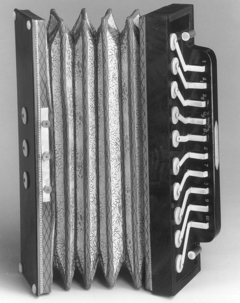 Accordion, Mahogany, tortoiseshell, paper, leather, British