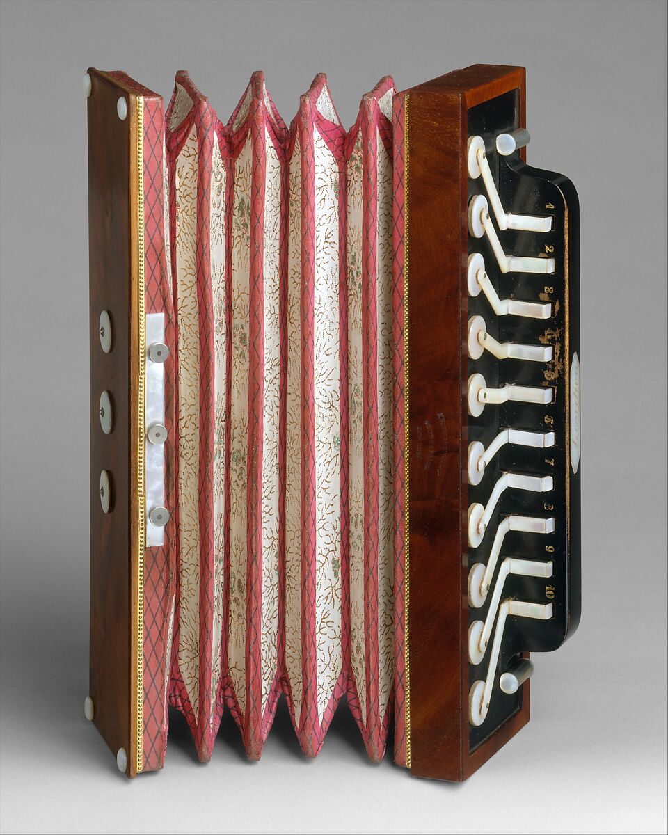 Accordion, Mahogany, tortoiseshell, paper, leather, British 