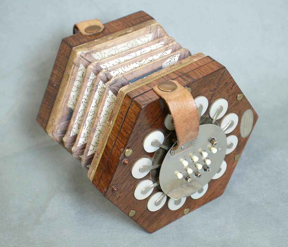 Concertina, Charles Wheatstone (1802–1875), Rosewood, nickel-silver, leather, paper, ivory, tortoiseshell; case of mahogany, British