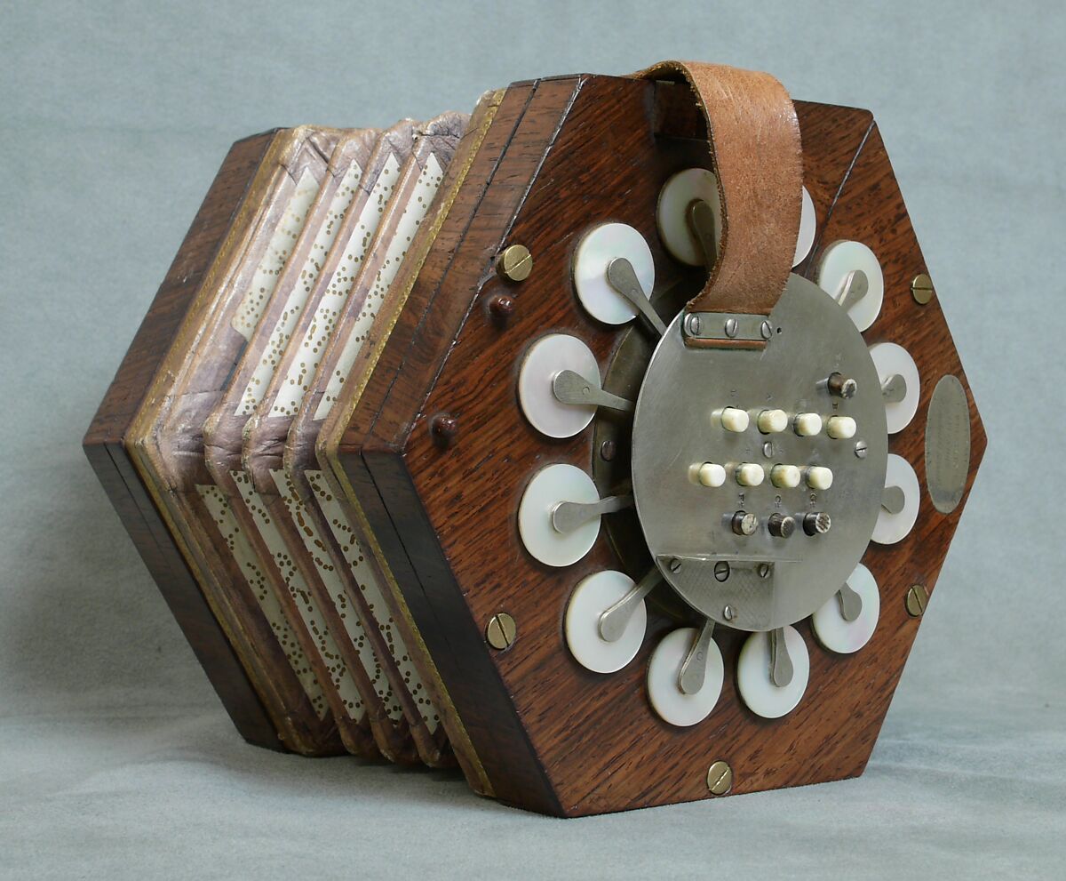 Concertina, Charles Wheatstone (1802–1875), Rosewood, nickel-silver, leather, paper, ivory, tortoiseshell; case of mahogany, British 