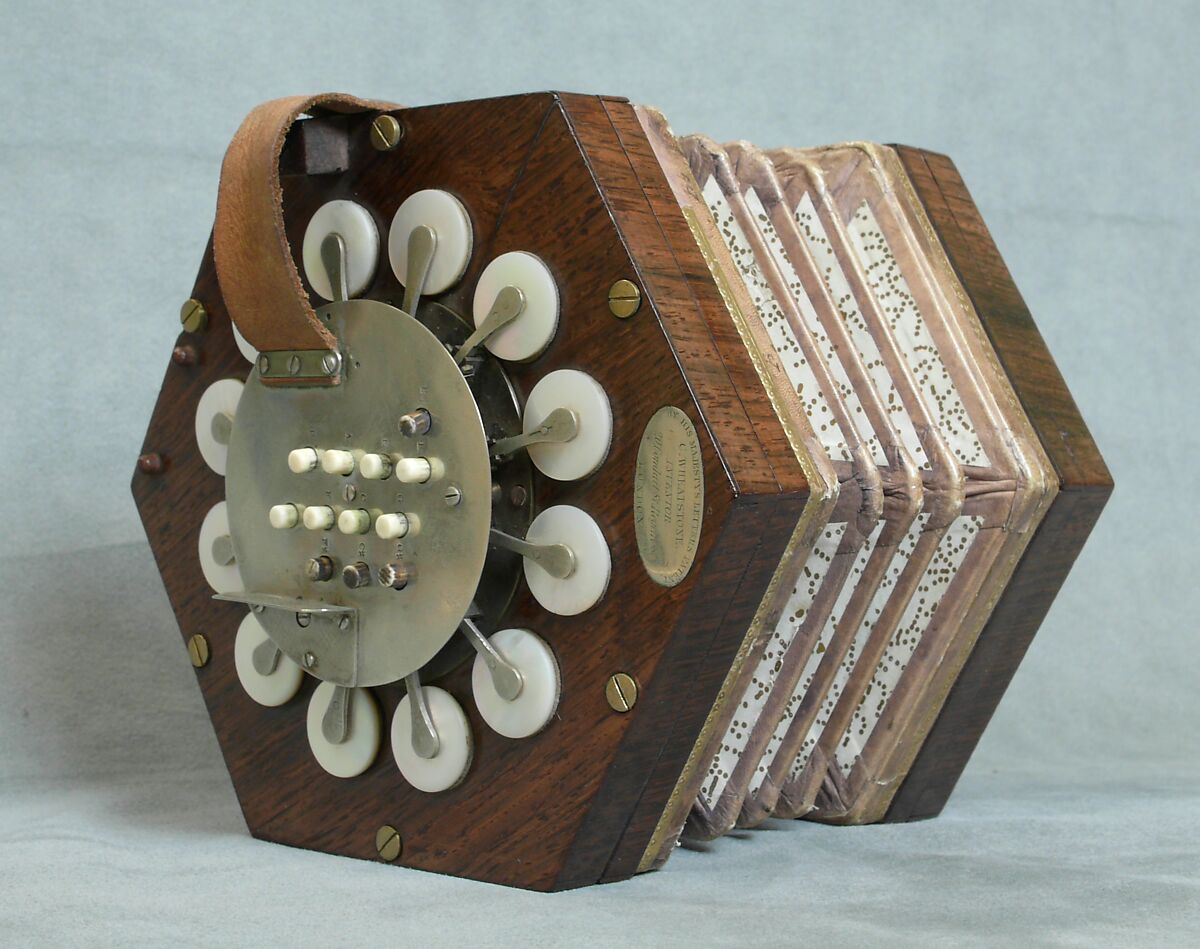Concertina, Charles Wheatstone (1802–1875), Rosewood, nickel-silver, leather, paper, ivory, tortoiseshell; case of mahogany, British