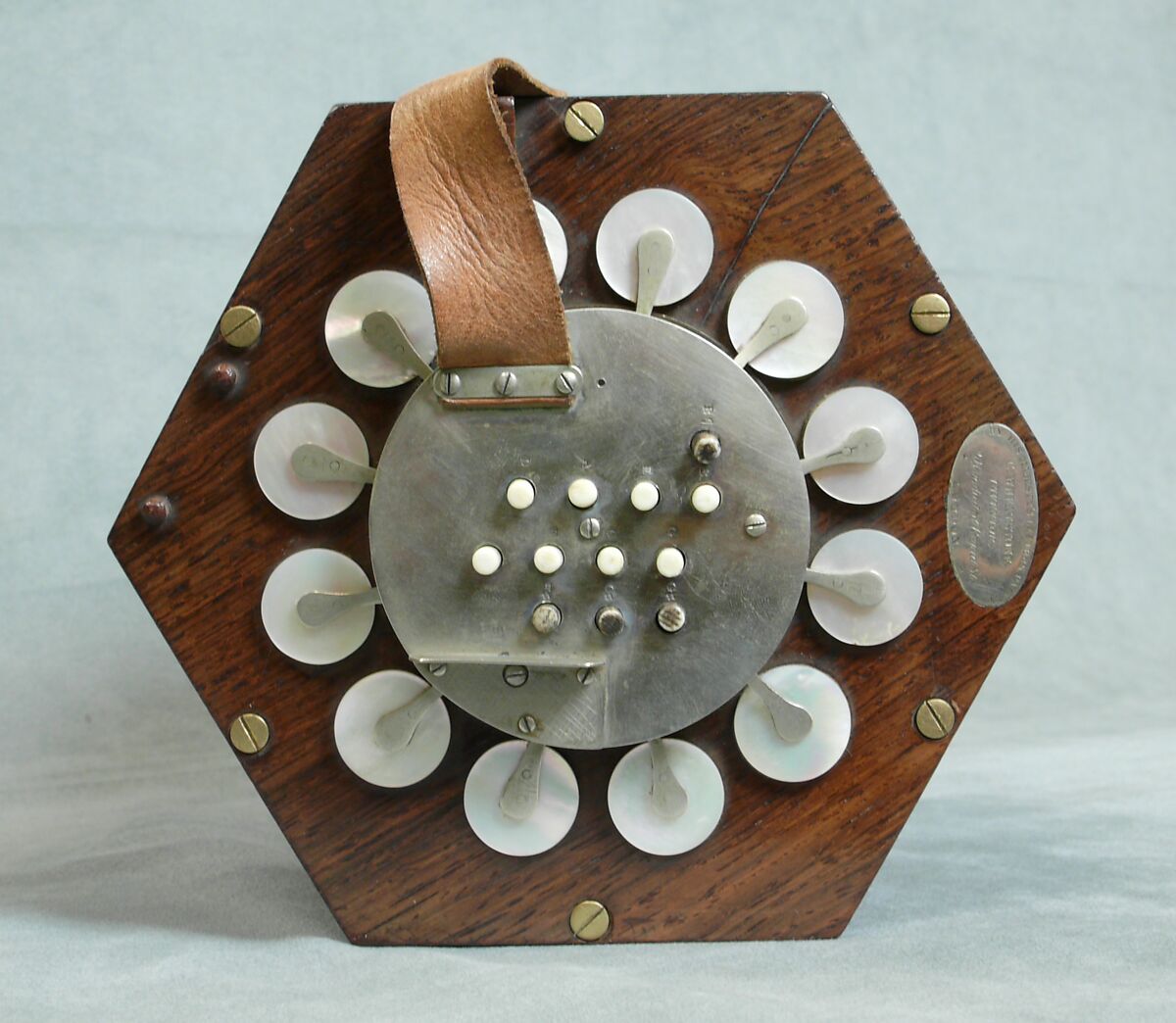 Concertina, Charles Wheatstone (1802–1875), Rosewood, nickel-silver, leather, paper, ivory, tortoiseshell; case of mahogany, British