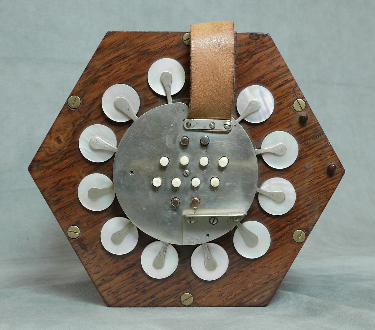 Concertina, Charles Wheatstone (1802–1875), Rosewood, nickel-silver, leather, paper, ivory, tortoiseshell; case of mahogany, British