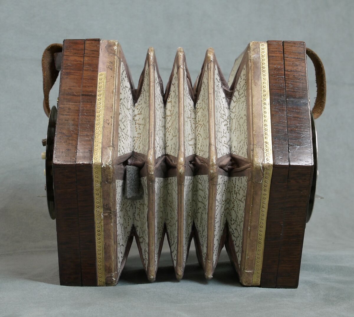 Concertina, Charles Wheatstone (1802–1875), Rosewood, nickel-silver, leather, paper, ivory, tortoiseshell; case of mahogany, British