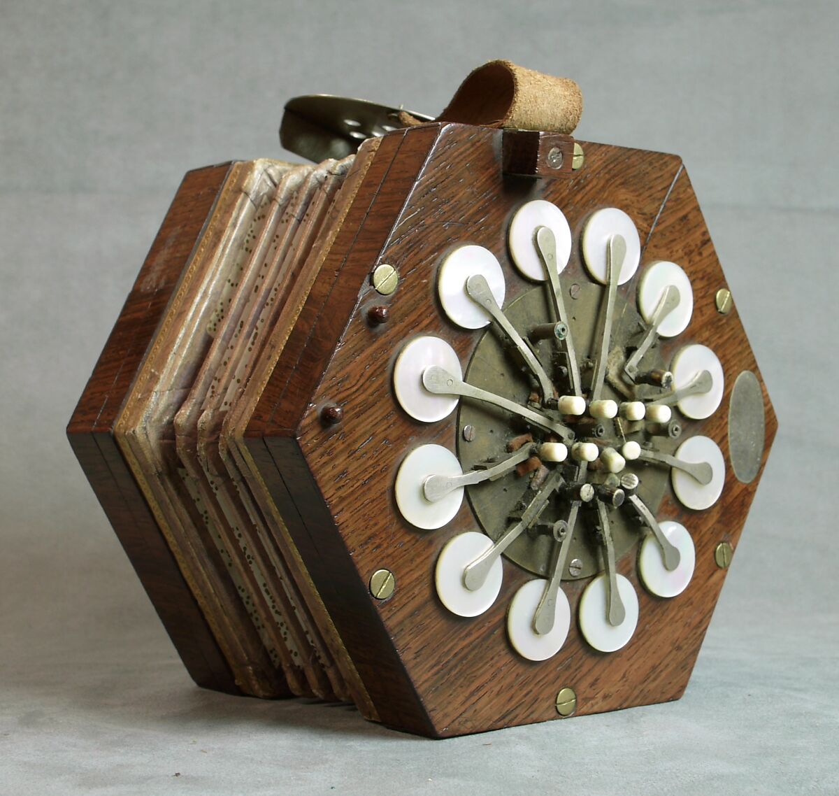 Concertina, Charles Wheatstone (1802–1875), Rosewood, nickel-silver, leather, paper, ivory, tortoiseshell; case of mahogany, British