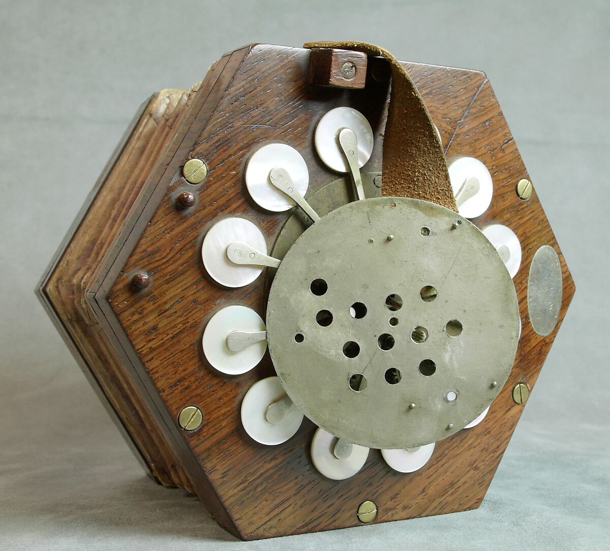 Concertina, Charles Wheatstone (1802–1875), Rosewood, nickel-silver, leather, paper, ivory, tortoiseshell; case of mahogany, British