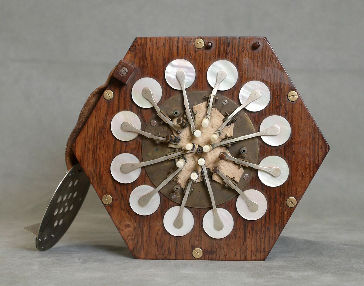 Concertina, Charles Wheatstone (1802–1875), Rosewood, nickel-silver, leather, paper, ivory, tortoiseshell; case of mahogany, British