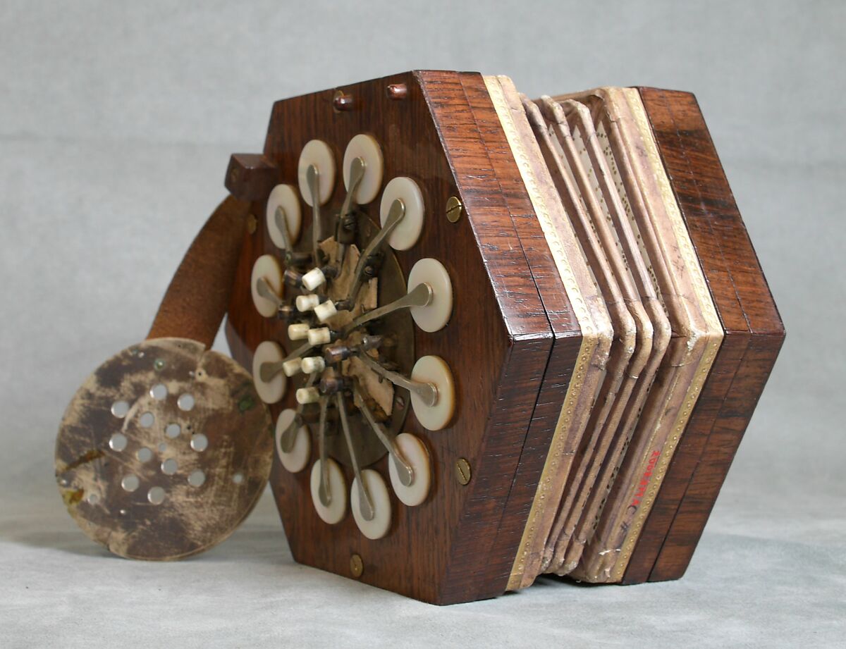 Concertina, Charles Wheatstone (1802–1875), Rosewood, nickel-silver, leather, paper, ivory, tortoiseshell; case of mahogany, British