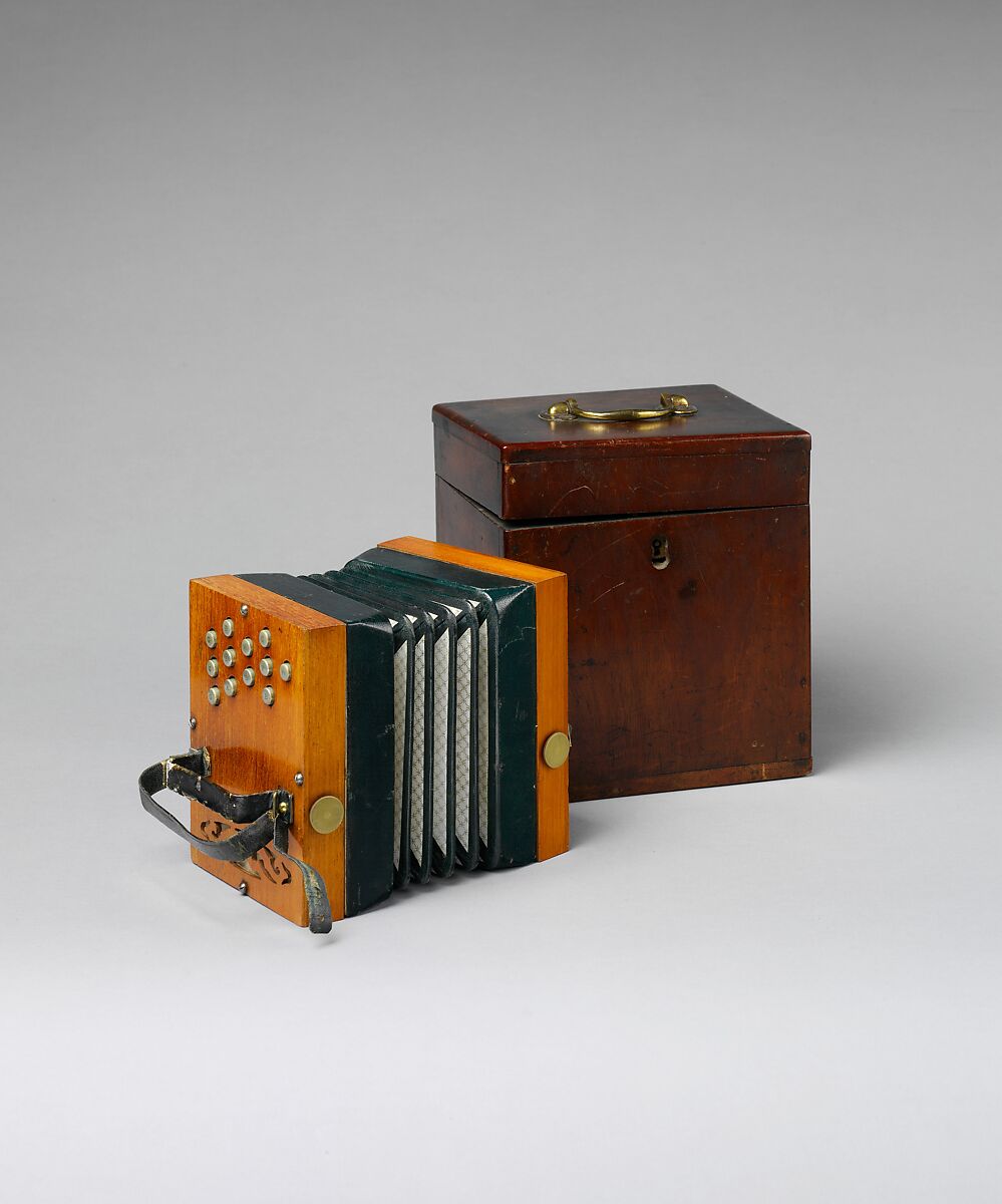 Concertina, Charles Wheatstone (1802–1875), Mahogany (?), leather, paper, metal (brass, nickel-silver), British 