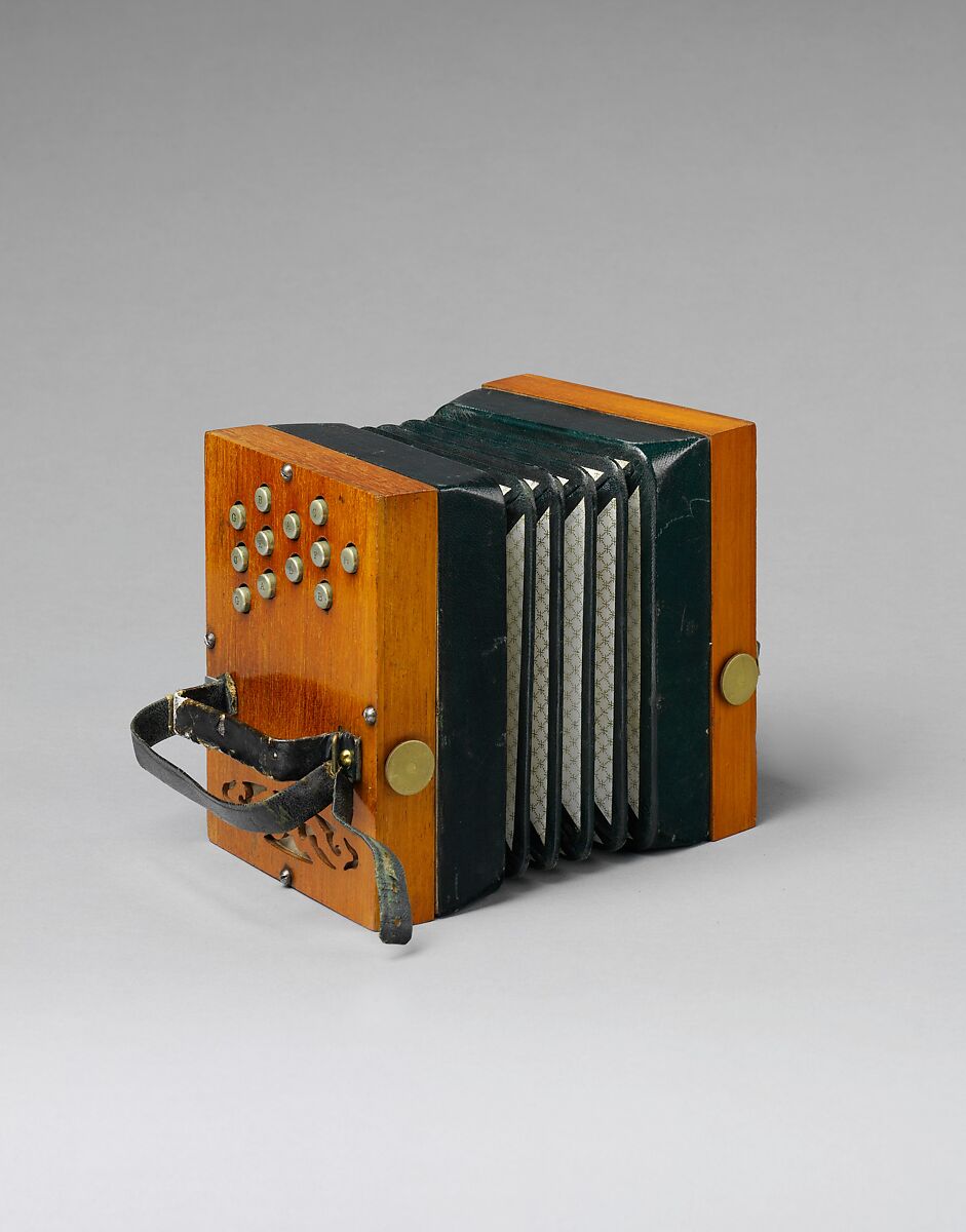 Concertina, Charles Wheatstone (1802–1875), Mahogany (?), leather, paper, metal (brass, nickel-silver), British