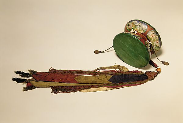 Damaru, Wood, skin, cloth, shell, Tibetan