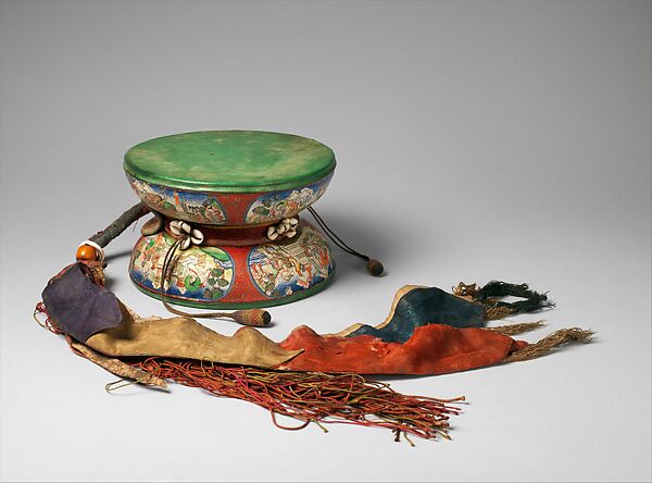 Damaru, Wood, skin, cloth, shell, Tibetan