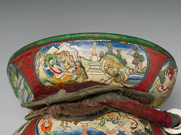 Damaru, Wood, skin, cloth, shell, Tibetan