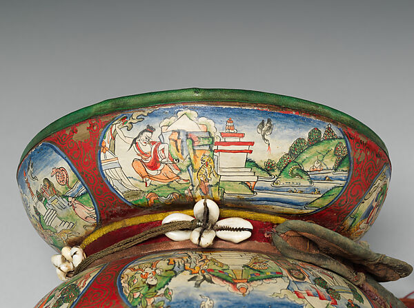 Damaru, Wood, skin, cloth, shell, Tibetan