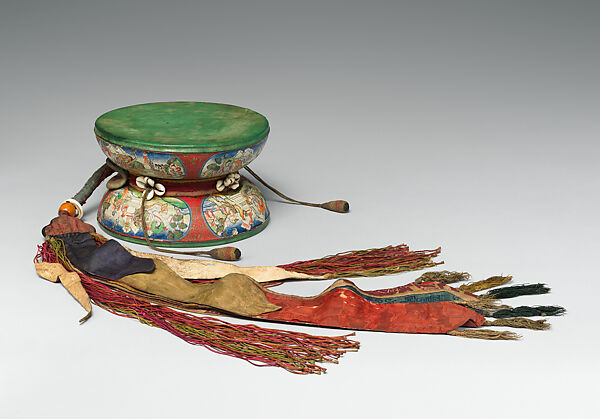 Damaru, Wood, skin, cloth, shell, Tibetan