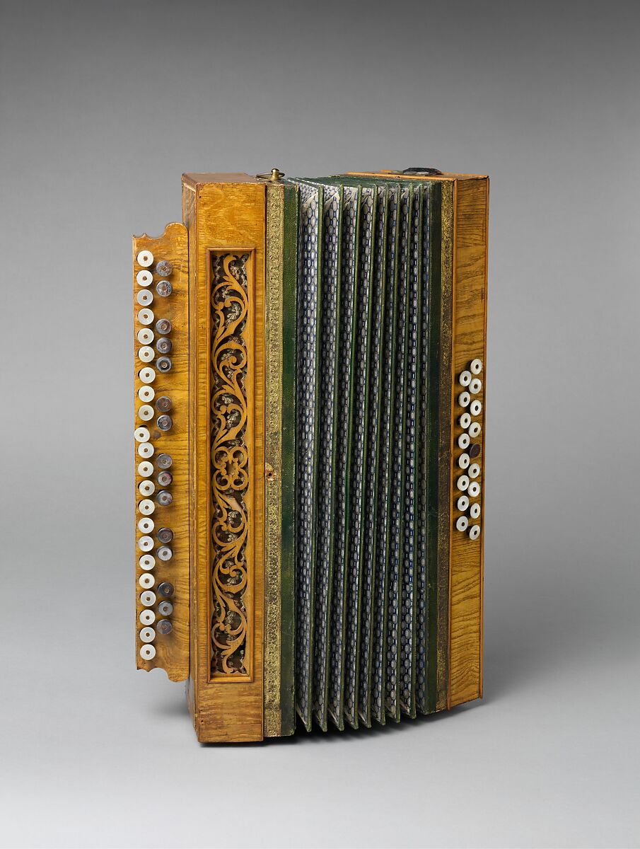 Accordion, wood, mother-of-pearl, leather, paper., Possibly Belgian 