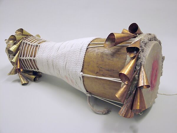 Batá, Brandon Rosser (American, active New York, late 20th century), Sweet maple, polyurethane finish, brass and copper bells, nylon, steel bolts, jet bead, deer skin heads, golden oak stain, red clay, American