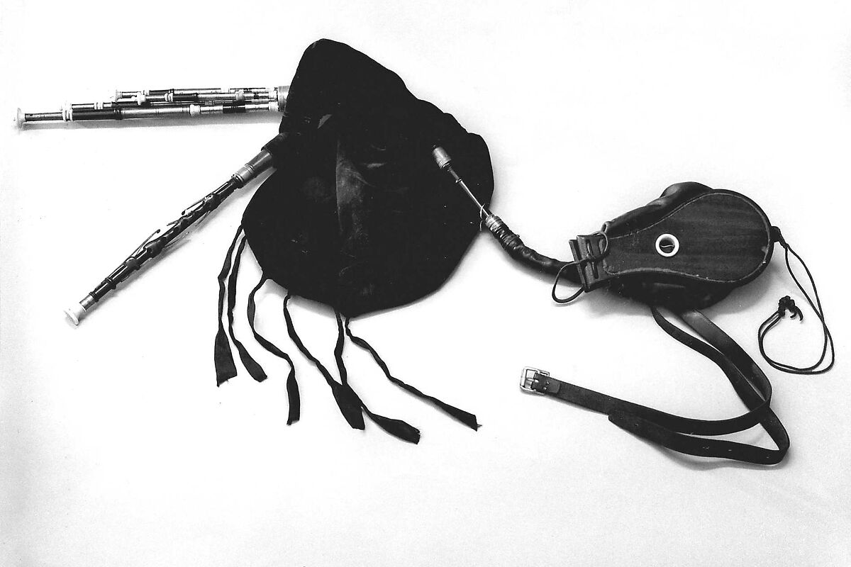 Northumbrian Small-pipes, Robert Reid (British, North Shields 1784–1837), Wood, ivory, brass, leather, velvet, sheepskin, British