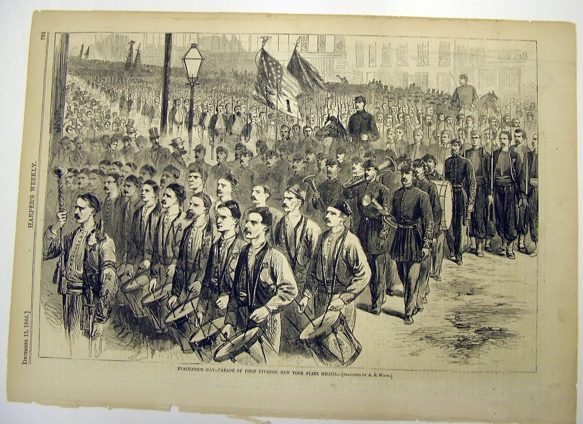 Evacuation Day Parade of First Division, New York State Militia, newspaper illustration, Alfred Rudolf Waud (American (born England), London 1828–1891 Marietta, Georgia), Newspaper, American 