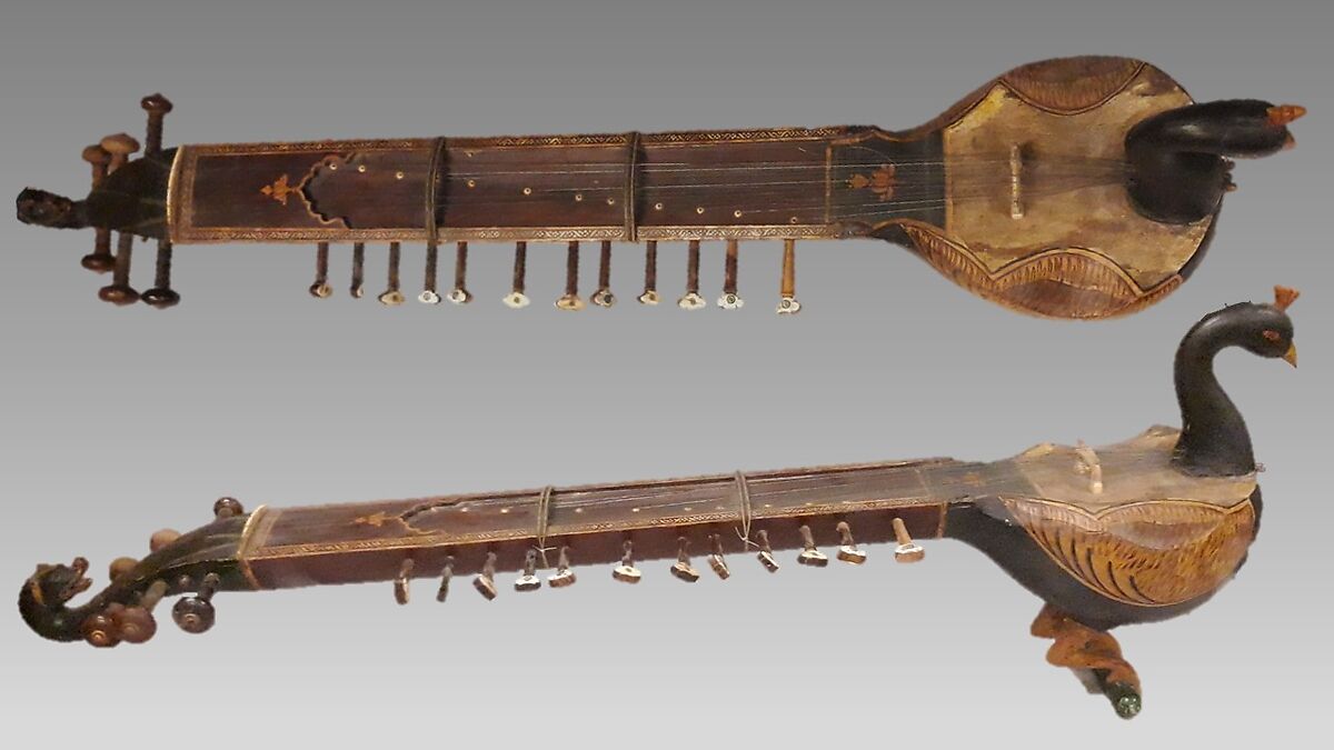 Taūs (mayuri), Wood, metal, wire, glass, hide, polychrome, Indian