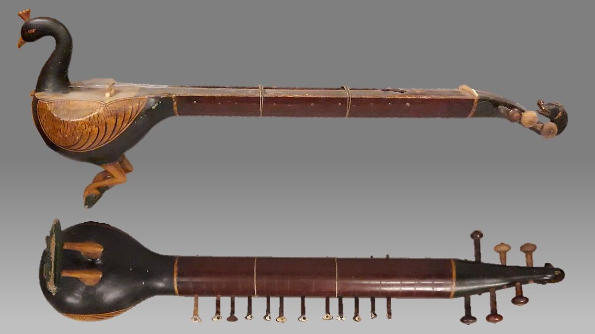 Taūs (mayuri), Wood, metal, wire, glass, hide, polychrome, Indian