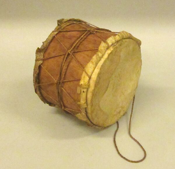 Drum, Wood, hide, fiber, probably Peruvian 