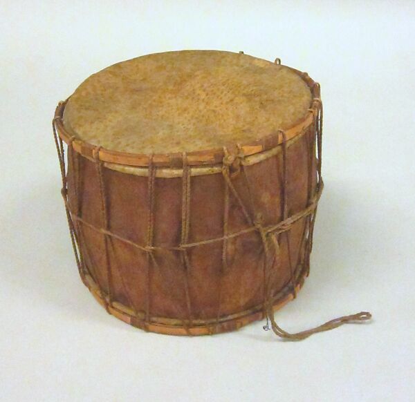 Drum, Wood, hide, fiber, probably Peruvian 